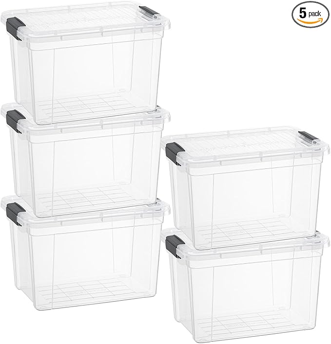 Superio Storage Bins with Lids- 5 Pack, 4.75 Qt Clear Boxes for Organizing, Stackable Plastic Containers- BPA Free, Non-Toxic, Odor Free, Organizer for Home, Office, Dorm