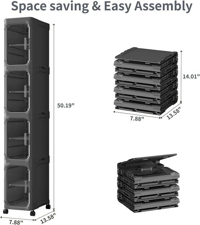 4 Tier Slim Bathroom Storage Cabinet, Foldable and Movable, Black | Tools Free, ABS and PET, Magnetic Clear Door, Adjustable Shelves, Lockable Wheels, Water Resistant, For Narrow Space