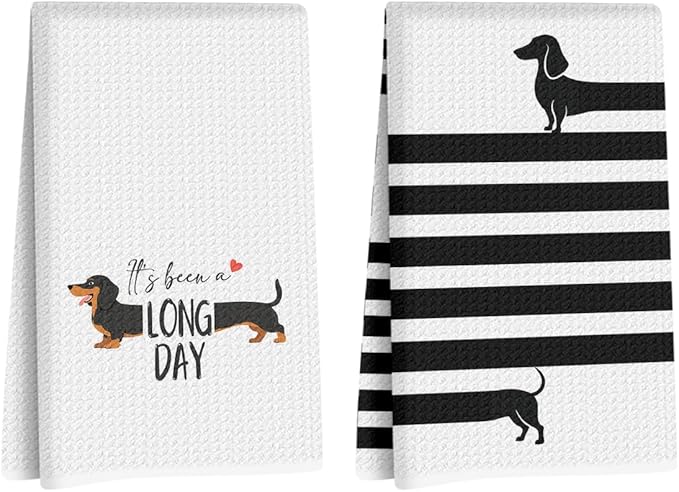 2 Pcs Dachshund Kitchen Towels 24x14 Inch, Wiener Dog Reusable Dish Towels for Kitchen Bathroom Decor, Wiener Dog Gifts Waffle Weave Hand Cloth Tea Towel, Dachshund Gifts for Women Mom Friend