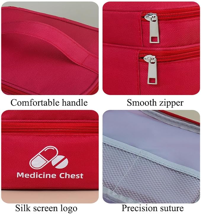 Dual Layers First Aid Bag Empty with Lockable Zipper,Pill Bottle Organizer Storage Bags,Household Medicine Storage Bag for Home Pills Vitamins Emergency Supplies Travel (Red,13.78×9.45×6.69inch)