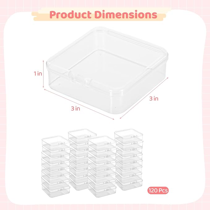Organizer Case Set, 120 Clear Boxes, 3×3×1, Plastic Storage with Hinged Lid