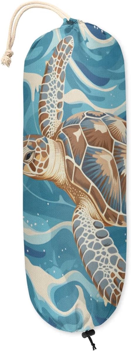 Animal Sea Turtle Blue Plastic Bag Holder Washable Grocery Bag Storage Dispenser Reusable Hanging Shopping Bags Carrier Wall Mount Plastic Bag Organizer for Home Kitchen Decor