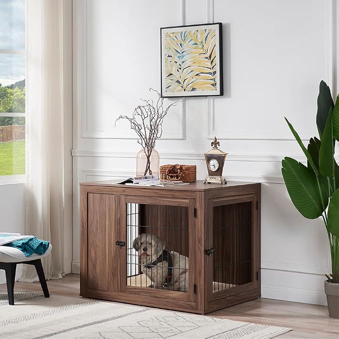 unipaws 38.5 Inch Furniture Style Dog Crate for Medium Large Dogs | Indoor Dog Stuff Kennel, Modern Decorative Wood Wire Cage, Pretty Cute End Side Table Nightstand, Walnut