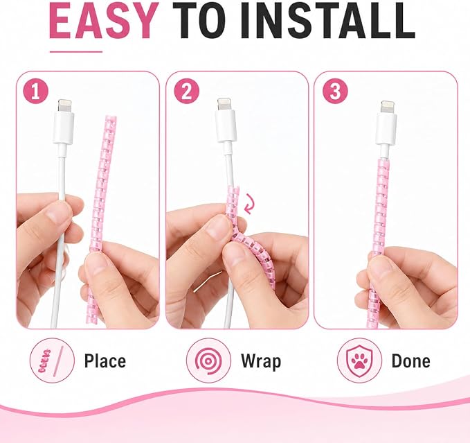 Cable Protector Animal Proof Wire Repair, Pink Cord Protector for Pets Headphone Saver Spiral Cable Wrap Strain Relief, Cord Sleeve for Phone Cable USB Date Cable