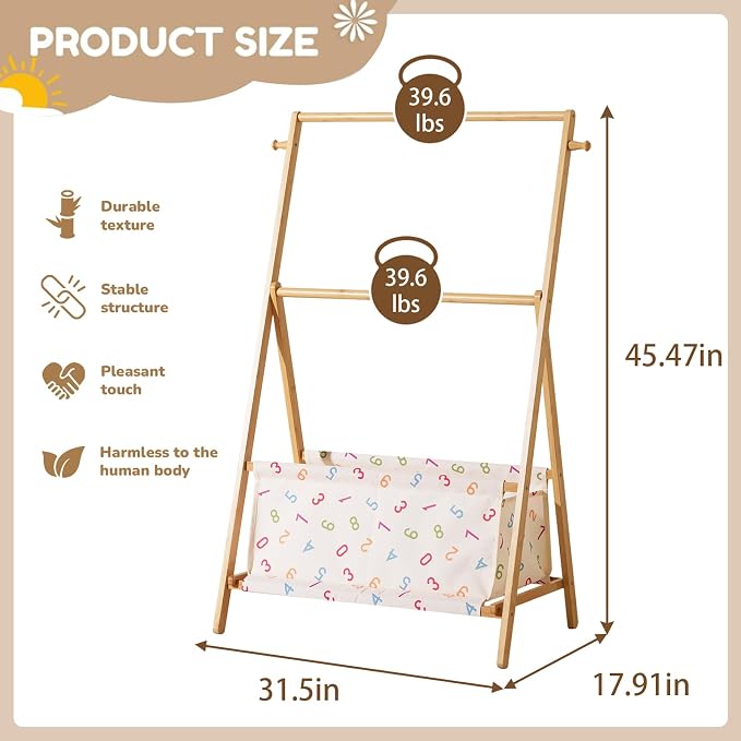 Baveke Kids Clothing Rrack- Kids Dress Up Rack for Little Girls, FSC-Certified Bamboo Kids Clothes Rack, Toddler Dress Up Storage Rack & Folding Costume Rack, Double Rods, Pets Clothes Rack, Number