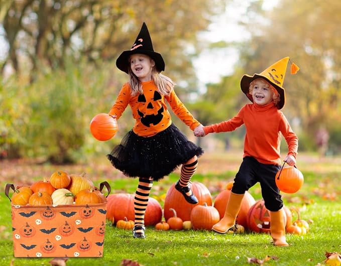 Rectangular Halloween Baskets,Pumpkin Basket for Kids with Handles. Candy Basket,Books Bins. (Halloween Pumpkin)