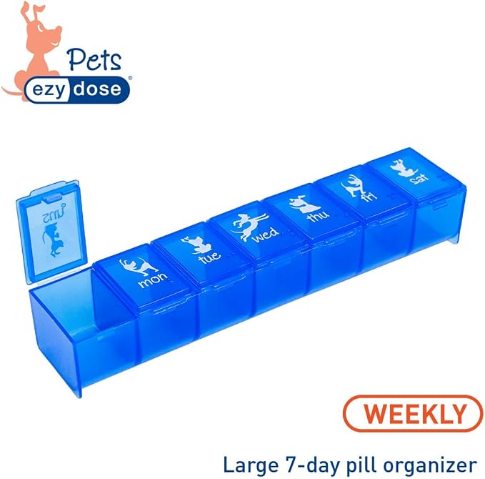 EZY DOSE Pets Weekly (7-Day) Pill Organizer, Vitamin and Medicine Box for Dogs, Large Compartments, Blue Lids, Made in The USA (Pack of 2)