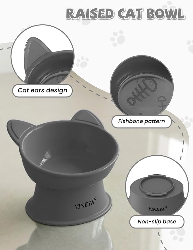 YINEYA Cat Bowls, Cat Food Bowl Elevated to Protect Neck & Anti-Vomit, Whisker-Friendly Raised Food & Water Bowls for Indoor Cats/Small Dogs, Cute Pet Feeding Bowl 6 OZ Each, Dishwasher Safe, Gray
