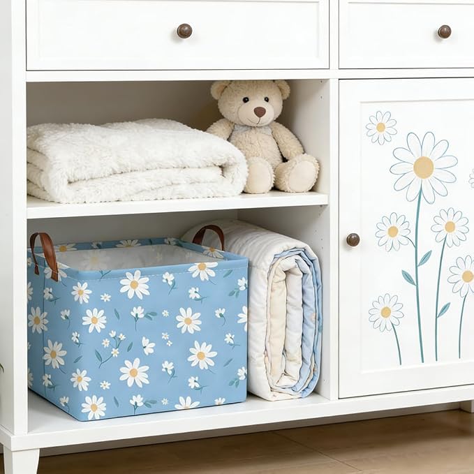 Rectangular Daisy Storage Basket,Kids Laundry Hamper,Waterproof foldable kids laundry basket,Blue Baskets,Books Box,Flower room decor(Daisy)