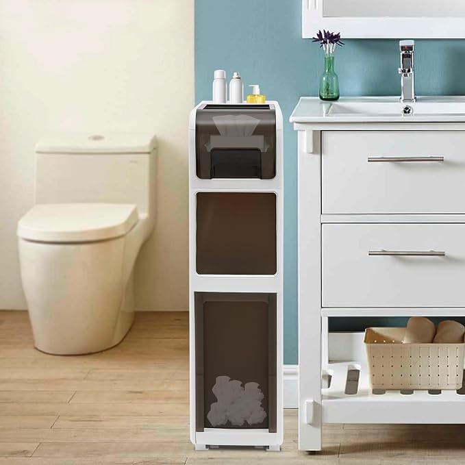 Slim Bathroom Storage Cabinet with Trash Can, Narrow Movable Waterproof Bathroom Floor Cabinet with Toilet Paper Holder for Bathrooms Toilet (15.1 * 6.9 * 25.2in)