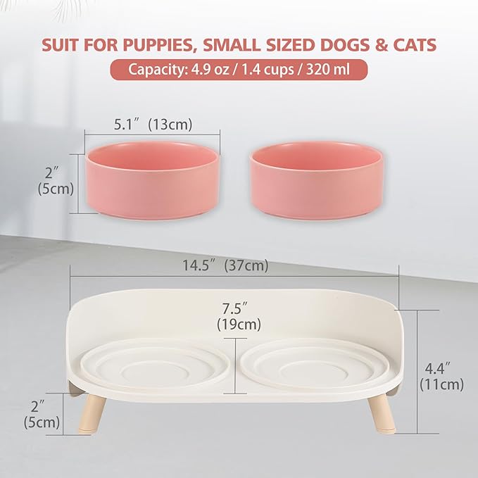 Raised Cat Food and Water Bowl Set - Elevated Ceramic Dishes with Non-Slip Stand and Splash Guard for Small Dogs - 2 x 320 ML (4.9 OZ) - Pink