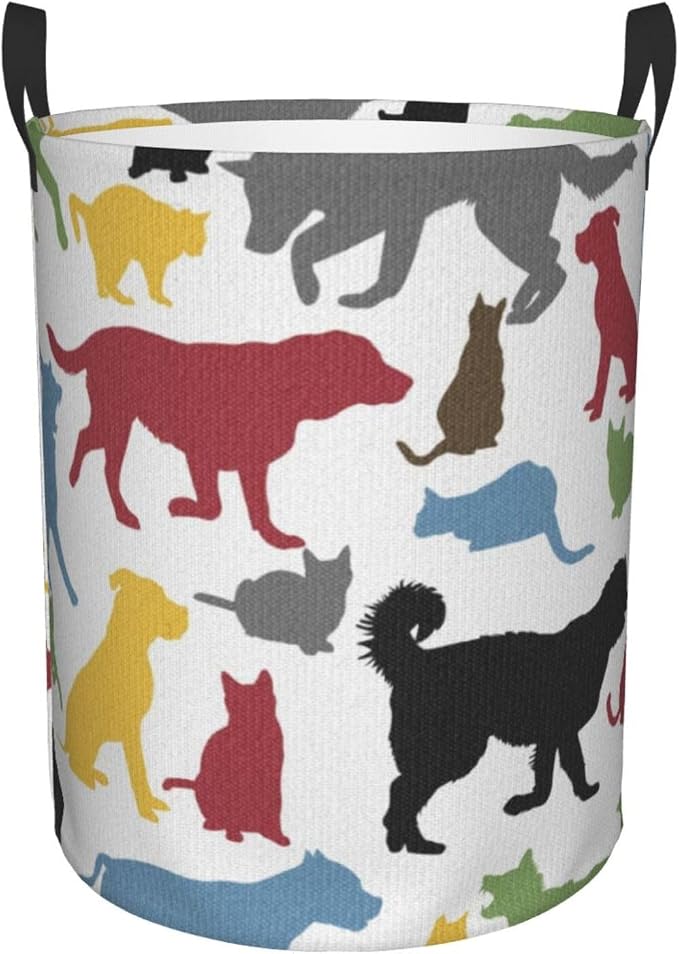 Cats And Dogs Animal Silhouettes Domestic Pets Cartoon Portable Round Hamper For Bedroom Bathroom