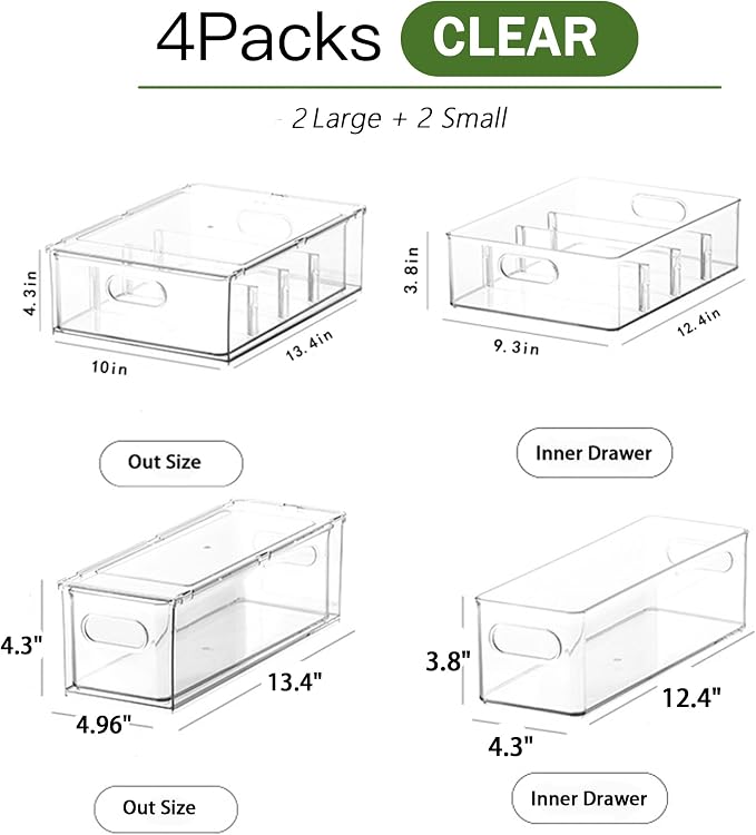 bealy 4 Pack Clear Storage Drawer Set, Stackable Fridge Drawer Organizer Fruit Vegetable Storage Containers for Kitchen Pantry Organization,BPA-Free