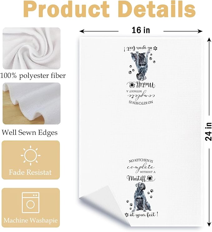 English Mastiff Gifts Kitchen Towels, Dog Lover Owner Gifts for Women Men, No Kitchen is Complete Without a Mastiff at Your Feet Decorative Dish Tea Hand Towels, 16x24 Inch
