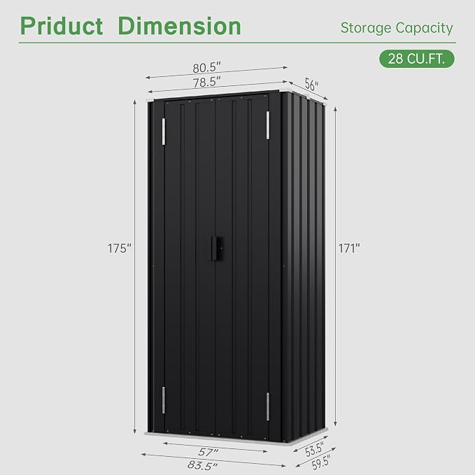 Devoko 28 CU FT Storage Cabinet, Metal Storage Shed with 3 Adjustable Shelves, for Patio Garden Backyard, Black