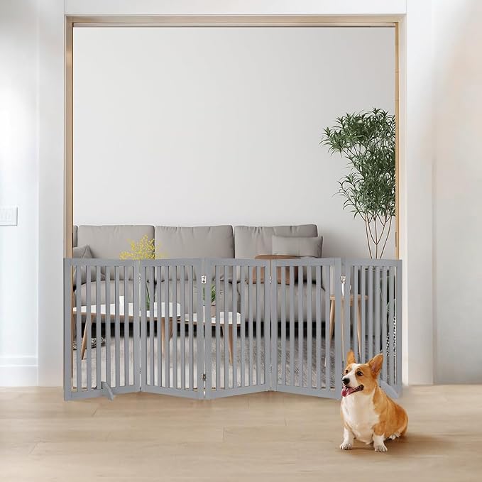 unipaws 36”H Free Standing Pet Gate for Dog Cat, 100”Wide Wooden Dog Gates | Foldable Pet Fence for Doorway, Stairs, Step, Expandable Doggy Barrier, Indoor Use