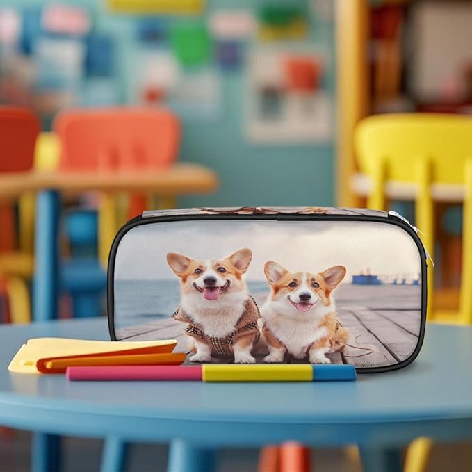Two Cute Corgi Dogs Beach Pet Pencil Case Pouch, Big Capacity Waterproof Pen Bag for Students Teens Adults, Large Storage Organizer for Stationery