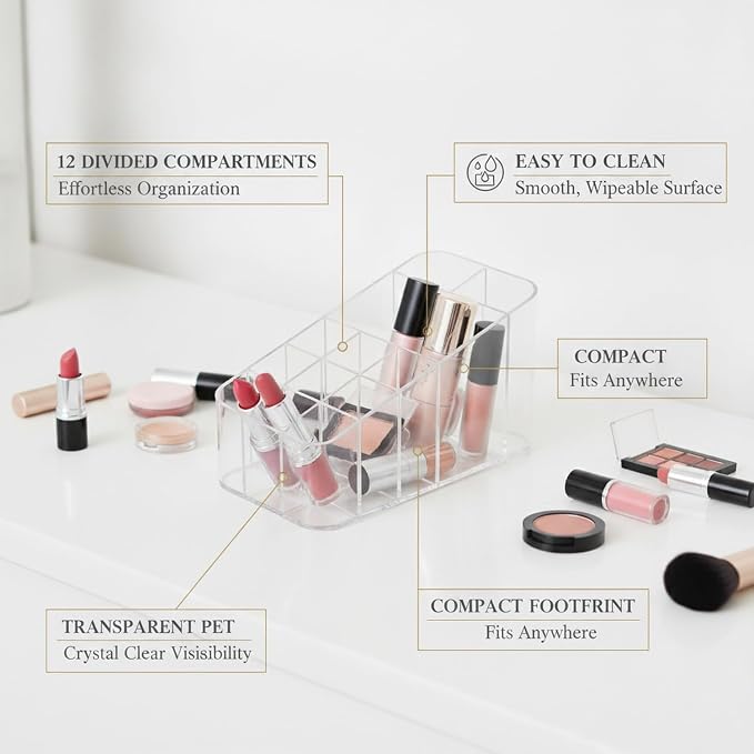 Cosmetic Organizer with 12 Compartments, Transparent PET Storage Box for Lipstick and Makeup, Vanity Countertop Caddy (1 PC)