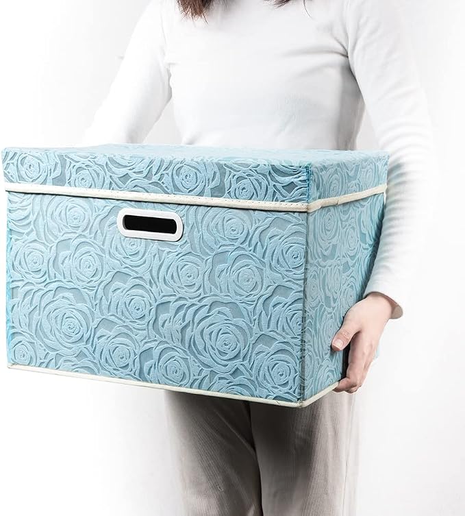Larger Collapsible Storage Cubes with Lids Fabric Decorative Storage Bins Boxes Organizer Containers Baskets with Cover Handles for Bedroom Closet Living Room Blue 17.7x11.8x11.8 Inch 3 Pack