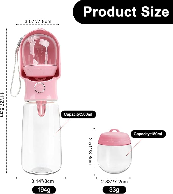 Pink Large Portable Dog Water Bottle with Food Container | Travel Dog Water Bowl(500ml),Food Container(180ml),Leak-Proof,2-in-1 Pet Essential Outdoor Supplies for Walks Hikes Campsites