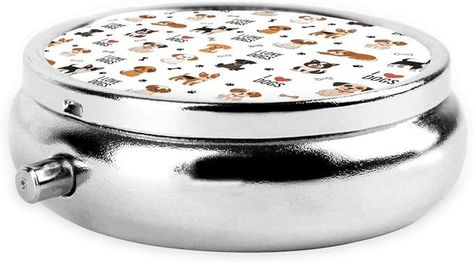 Small Pill Organizer, Round Metal Dispenser, Portable Case for Fish Oil, Travel Pill Box Purse Essential, Cute Doodle Pets Dog Print
