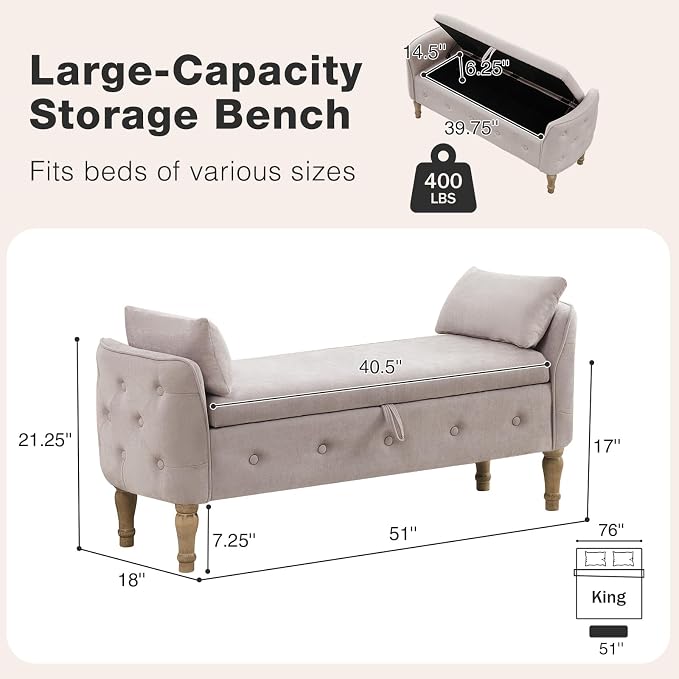 End of Bed Storage Bench Queen Size,51" Upholstered Bedroom Bench,Khaki | Linen Storage Bench for Bedroom End of Bed ,2 Cushion, Vintage Wood Legs ,Tufted,Storage Ottoman Bench for Entryway Window