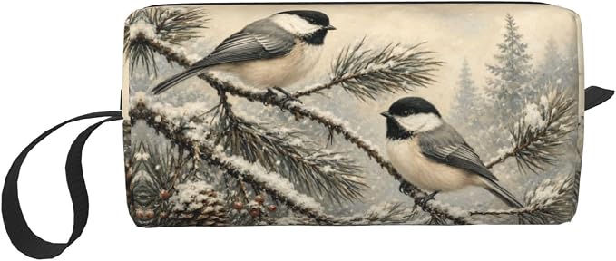 Chickadee Pair on Snowy Pine Makeup Bag for Women, Cosmetic Pouch | Double-Sided Winter Chickadee Cosmetic Organizer with Foam Padding for Women, Travel, Gym, School, and Daily Storage