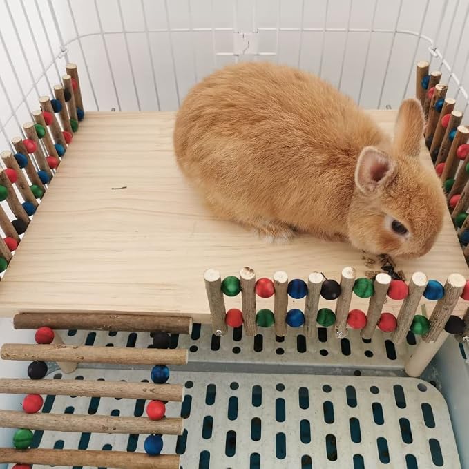 Rabbit Platform with Climbing Ladder, Bunny Perch Cage Toy Wooden Play Gym Stand, Natural Pine Wood Tray for Chinchilla Squirrel Hamster Guinea Pig, Birdcage Toy for Parrot Conure (Small)