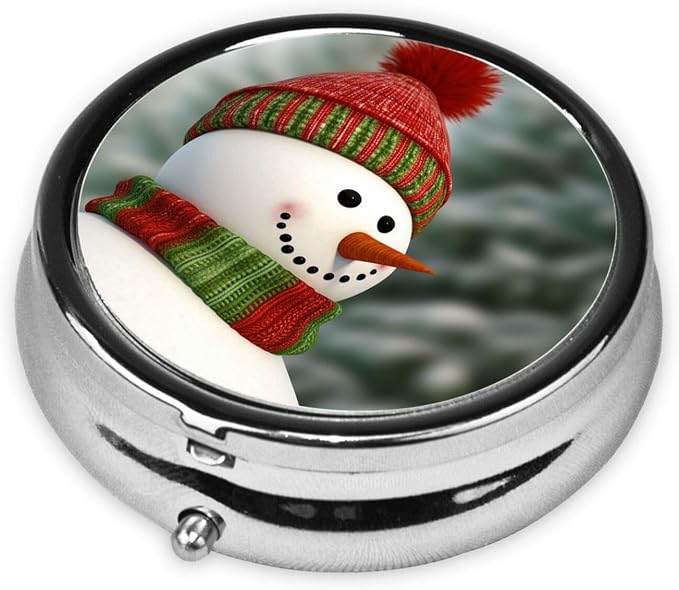 Round Pill Box Smile Gaze Snowman Pill Case for Purse & Pocket 3 Compartment Pill Organizer Portable Travel Pillbox Medicine Pill Holder Container for Daily Vitamin Cod Liver Oil Storage