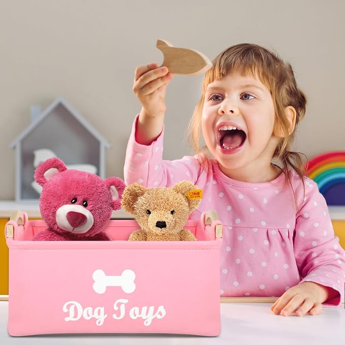 Felt Pet Toy Storage Box with Wooden Handles Lightweight Portable Organizer Bin for Household Pet Toys and Sundries 15.35X11.02X6.69 Inch Foldable Storage Container