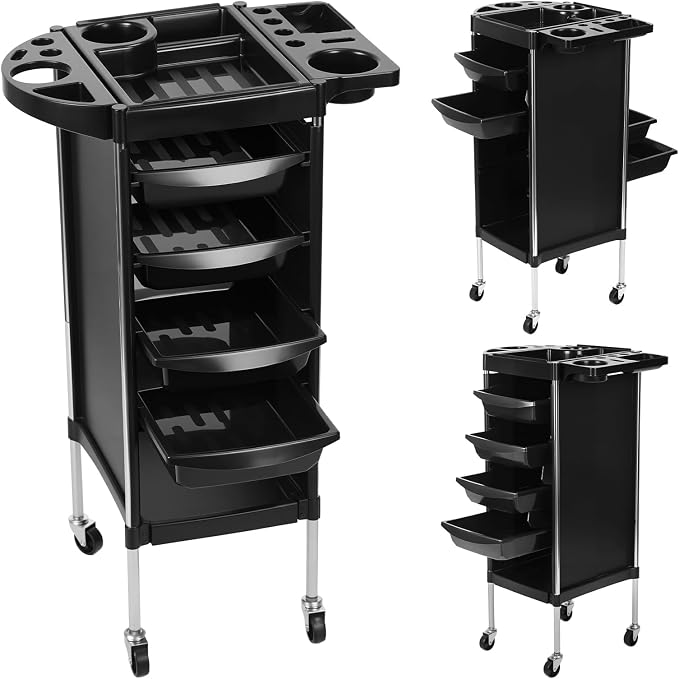 Salon Trolley Cart, 6-Layer Hair Stylist Cart with Wheels,Portable Salon Station Rolling Storage Trolley with Worktop Trays for Barbering or Hairstyling Beauty SPA Tattoo Service (Black)