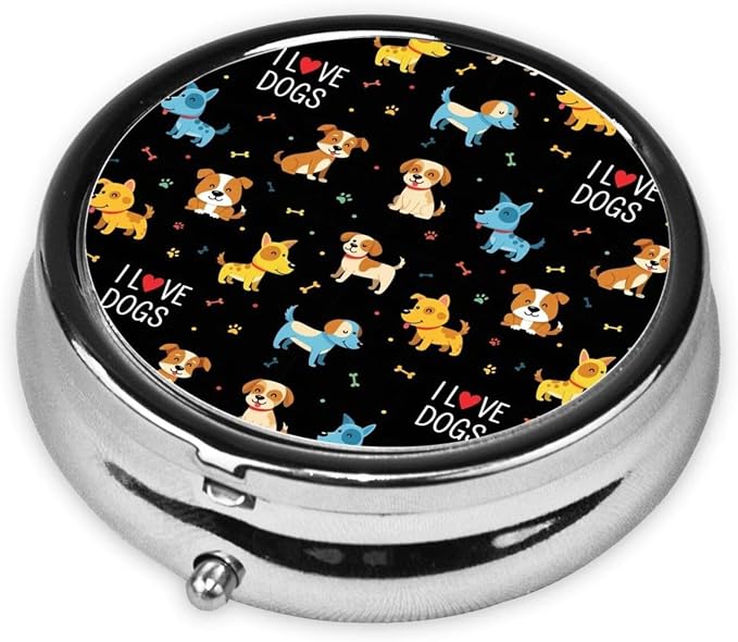 Compact Pill Container, Round Mini Box with Mirror, Travel Organizer for Supplements, Pocket Purse Holder for Daily Routine, Doodle Pets Dog Black