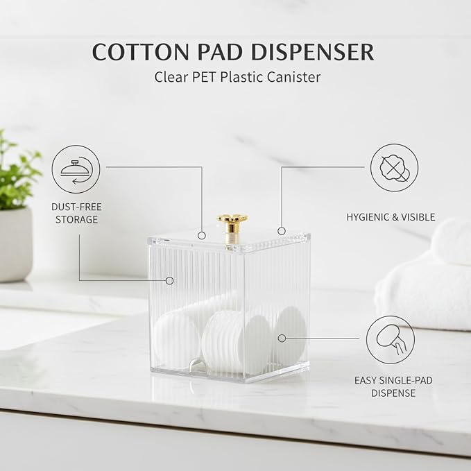Clear PET Cotton Pad Dispenser Canister - Enclosed Storage for Rounds & Swabs, Compact Bathroom Vanity Organizer (1 Pack)