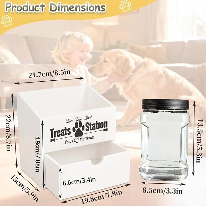 Pet Food Storage Container with Drawer, Wooden Dog Treat Container | White Pet Food Storage with 2 Plastic Dog Treat Jars for Dog and Cat, Dual Desk & Wall Mount Design