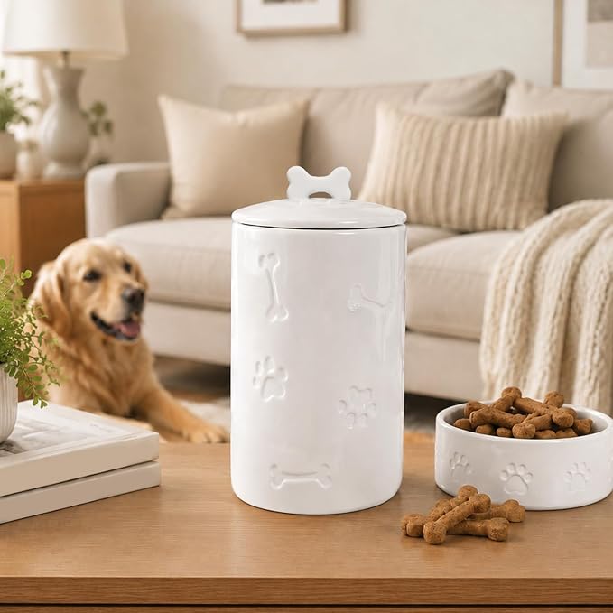Dog Treat Container Airtight - 9"x5" Ceramic Big Treats Jar with Lid(White) | Large Capacity Doggie Cookie Jar for Countertop, Airtight Lid Keep Food Fresh, Sturdy Durable, Cute Prints and Bone Handle