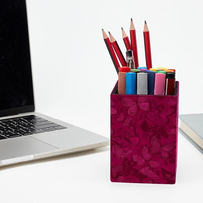 Butterfly Pen Holder for Desk Decor, Rectangular PVC Leather Pencil Cup for Desk Pen Organizer, Makeup Brush Holder for School, Home, Office