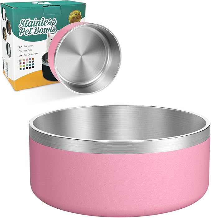 LIANLAI Stainless Steel Dog Bowls, Rust-Resistant Pet Bowls, Non Slip Dog Water Bowl, Versatile Feeding Bowls(Pink，64 oz)