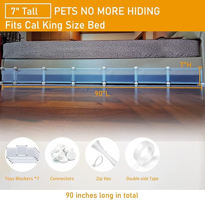 Under Bed Blocker for Pets, Gap Bumper for Under Bed, Stop Things Going Under Bed or Sofa Couch, Toys Blocker for Cats Dogs, Easy to Install, Total 7" Height 90" Length, White