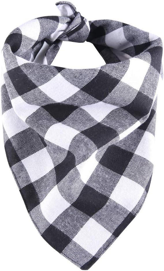 YAKA Pet Dog Bandana Triangle Bibs Scarf, Double-Cotton Plaid Printing Kerchief Set Accessories for Small and Medium Dog (Large/Neck Circumference suitable9.8-19inch, Black and White lattices)