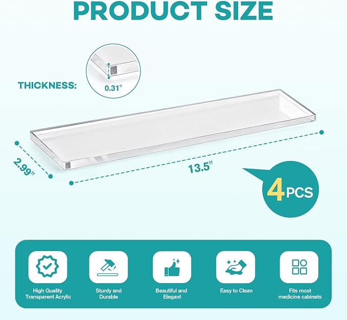LILXIU 4 PCS 13.5 Inch Medicine Cabinet Shelves Acrylic Medicine Cabinet Shelf Replacement for Living Room Bathroom Kitchen Wall Mounted and Hanging Cabinets