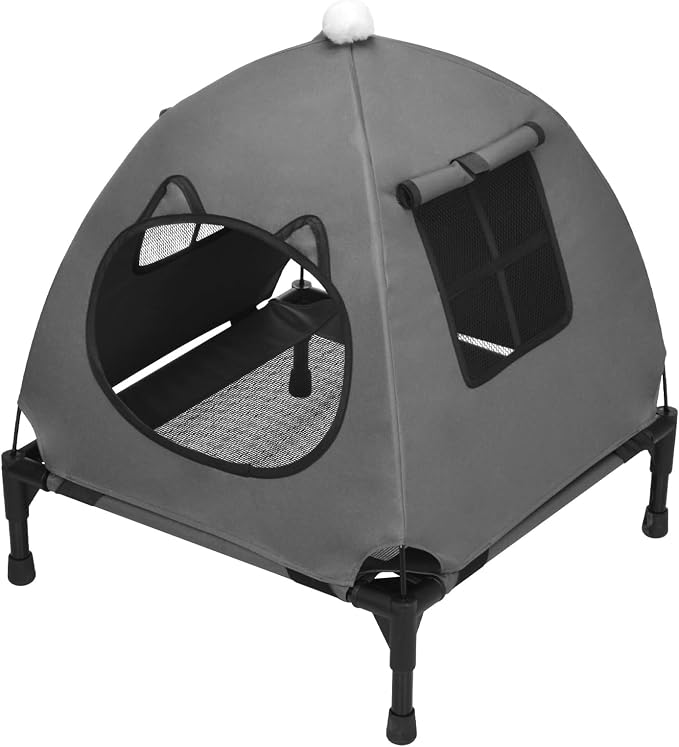 Pozico Elevated Pet Bed with Breathable Mesh for Small Cat and Dog, Raised Cooling Pet Cot for Puppy and Kitty, 18.9x18.9 inch (Dark Gray Bed with Canopy)