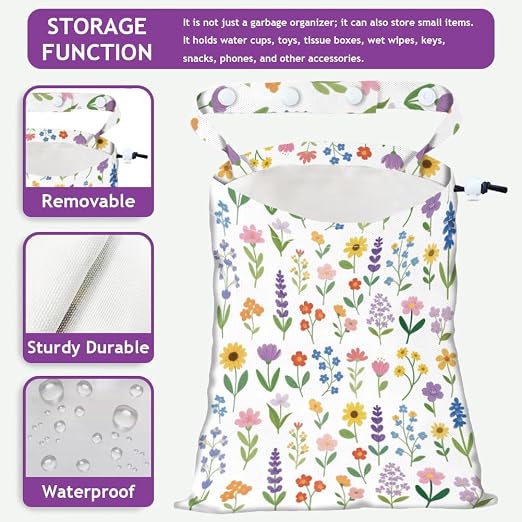 Flower Branches Strap Drawstring Car Trash Bag Hanging Garbage Bag with Snap Buttons Car Back Seat Trash Storage Portable Dustbin Vehicle Trash Can Bag for Vehicle Travel Camping