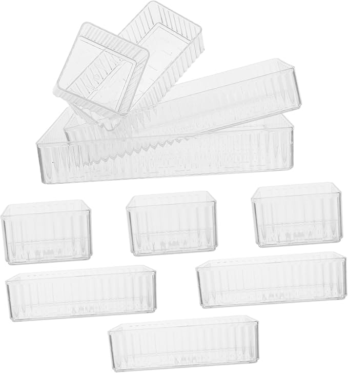 10pcs Stackable Drawer Organizer Trays Set with Removable Dividers, 4 Sizes Pet Storage Bins for Kitchen Gadgets and Jewelry, Flexible Combination for Bathroom Counter and Vanity