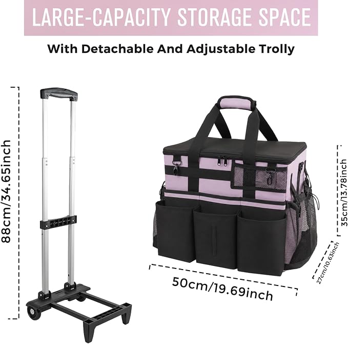SCAVATA Rolling Cleaning Caddy Bag with Detachable Trolley, Large Cleaning Supplies Organizer with Wheels, Multi-Pocket Cleaning Cart with Adjustable Shoulder Strap for Housekeepers (Lilac)