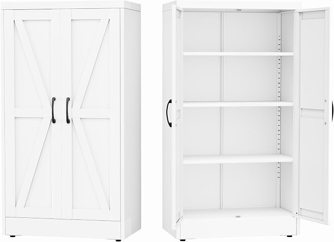 GAIOUS 43.3'' Tall Kitchen Pantry Cabinet, White Metal Storage Cabinet | with 2 Doors and 3 Adjustable Shelves, Steel Freestanding Cupboard, 4 Tier Bookcase for Dining Home Office Bathroom Bedroom