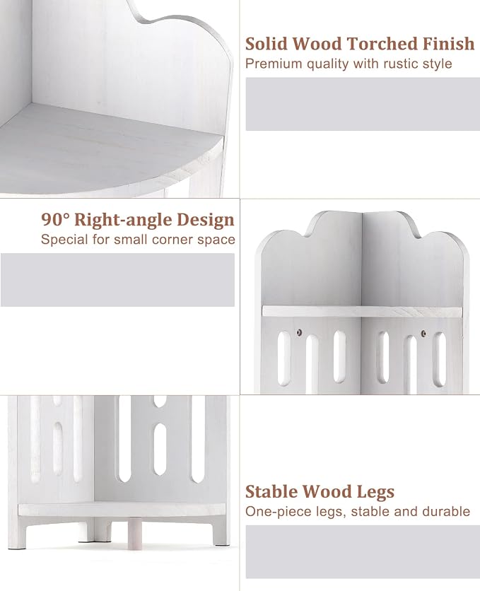 Meangood Bathroom Corner Shelf Stand, 3 Tier Solid Wood Display Shelf for Narrow Space, Shower Corner Shelf, Plant Stand Nightstand, for Living Room, Bedroom, Home Office, Elegant White