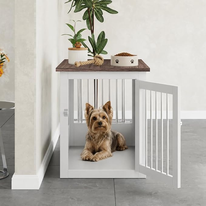30" Wooden Dog Crate Furniture,Medium Kennel Pet Cage End Table for Indoor | for Small Medium Dogs, White and Wood, Fits Living Room Bedroom, Heavy Duty Steel Frame with Lock 45 lbs Cap, 100 lbs Top.