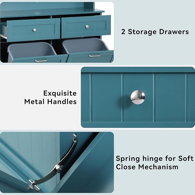 LOUVIXA 68.4" Kitchen Pantry Storage Cabinet, Freestanding Cupboard with Shelf, 2 Drawers and 2 Tilt Out Trash Cabinet, Tall Cabinets for Kitchen, Dinning Room, Living Room (Deep Teal, Double Tilt)
