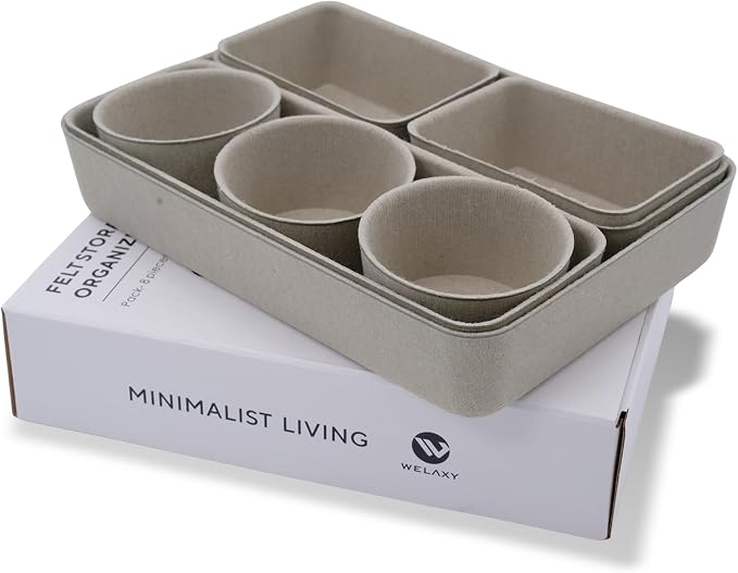 Welaxy 8pc Stone Office Desk Drawer Organizer Tray Felt Shallow Box Divider