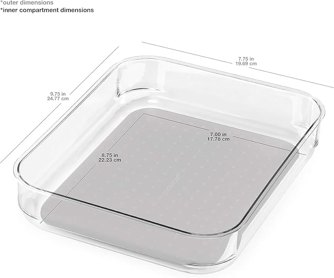 madesmart Clear 9 x 8 Storage Bin, Grey | non slip feet, rounded corners, see through design, open compartment, soft grip lining, utensils tools supplies, woman owned